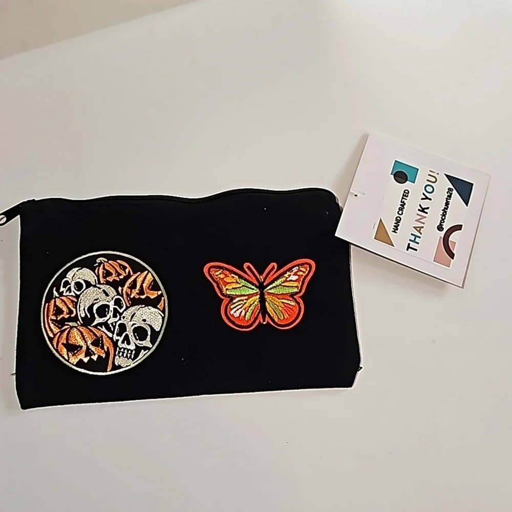 Hand crafted multi use bag  skull pumpkin butterfly iron pachwork farmhouse